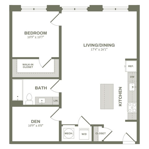 A floor plan of a small apartment with a bedroom, living/dining area, kitchen, bathroom, and den.